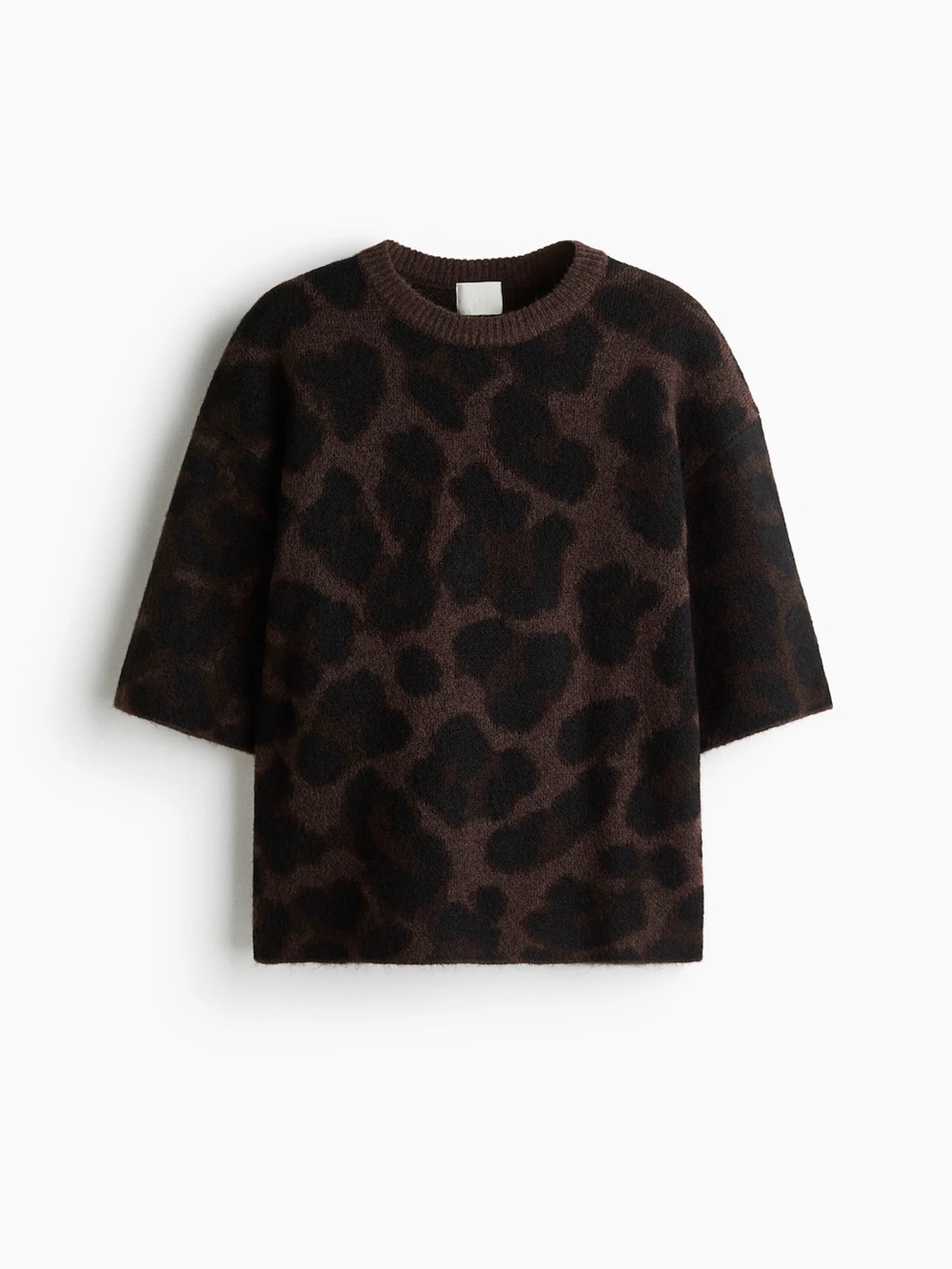 H&M Brown and Black Leopard-Print Short-Sleeve Crewneck Sweater